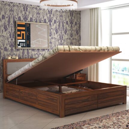 Sheesham Wood Queen Size Bed - Natural Finish-Hydraulic Storage