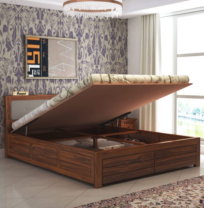 Sheesham Wood Queen Size Bed - Natural Finish-Hydraulic Storage