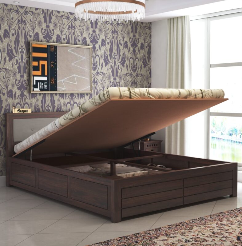 Sheesham Wood King Size Bed - Walnut Finish-Hydraulic Storage