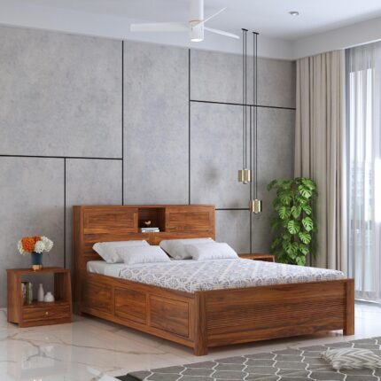 Sheesham Wood Queen Size Bed - Natural Finish