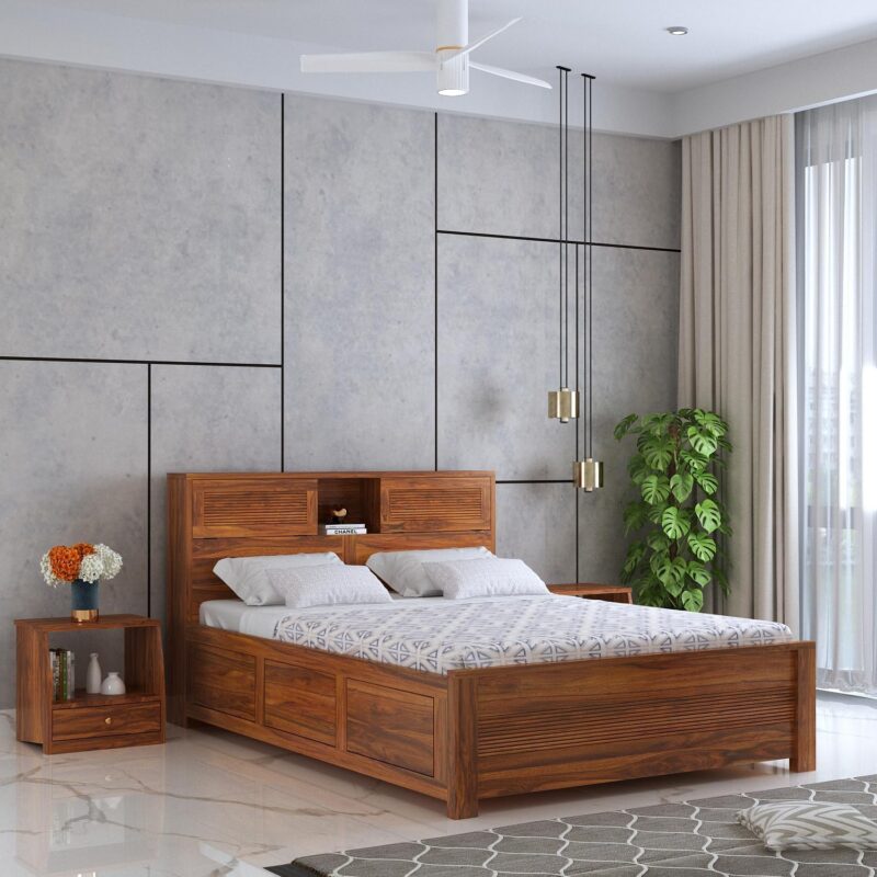 Sheesham Wood Queen Size Bed - Natural Finish