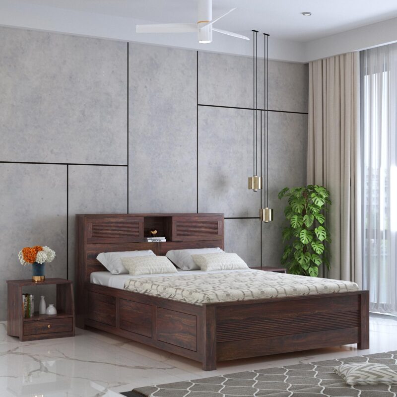 Sheesham Wood Queen Size Bed - Natural Finish
