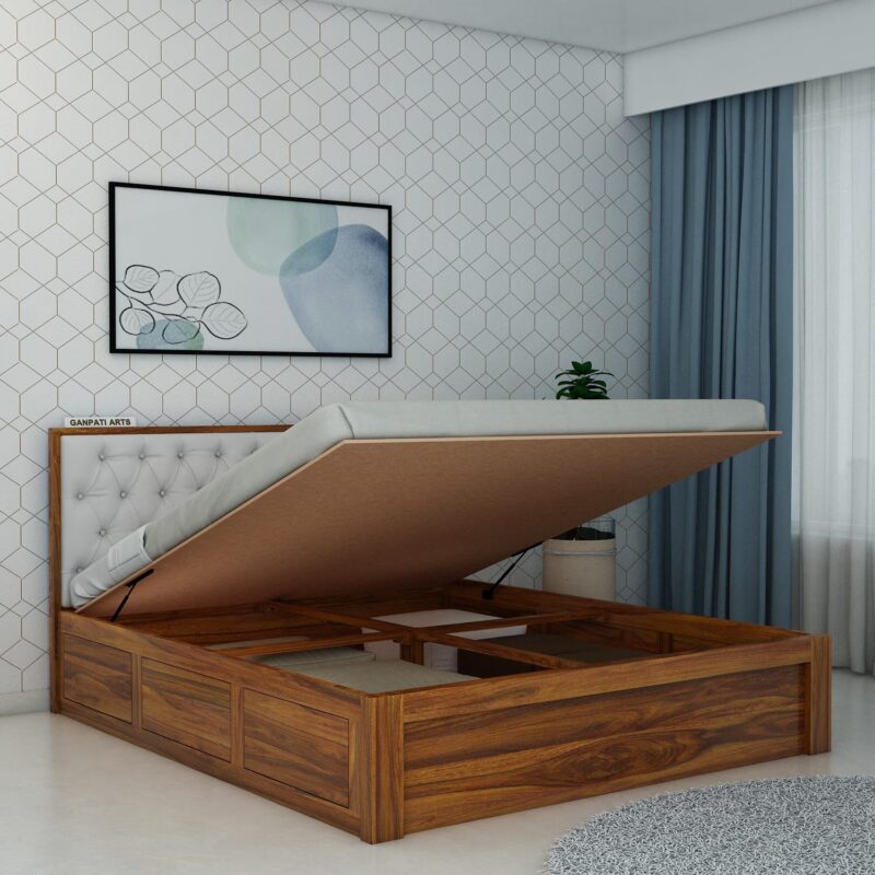 Sheesham Wood King Size Bed - Natural Finish - Hydraulic Storage