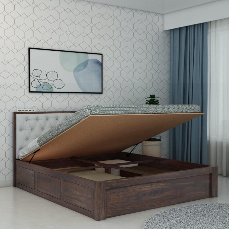 Sheesham Wood Queen Size Bed - Walnut Finish - Hydraulic Storage