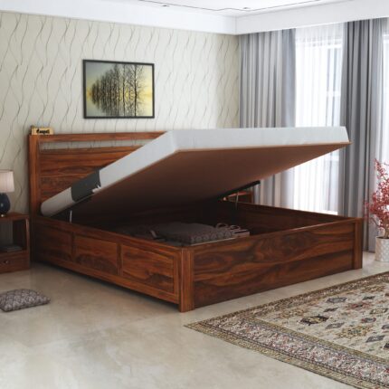 Sheesham Wood Queen Size Bed - Natural Finish (Hydraulic Storage)...