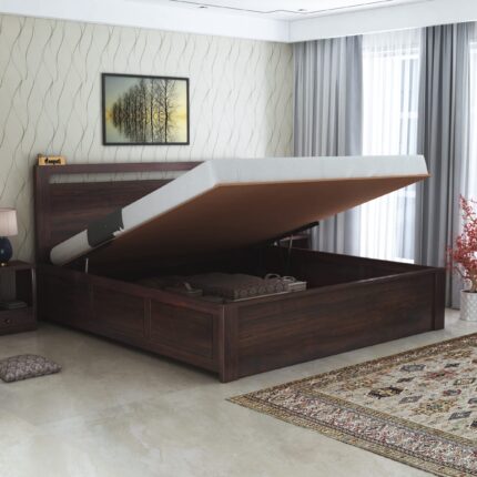 Sheesham Wood Queen Size Bed - Walnut Finish (Hydraulic Storage)