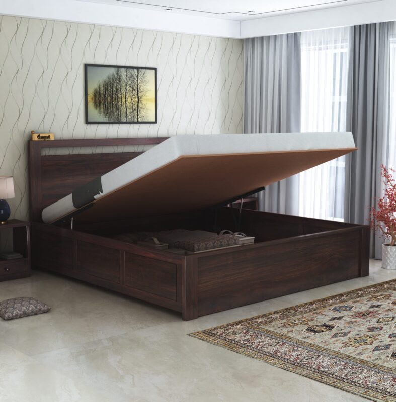 Sheesham Wood Queen Size Bed - Walnut Finish (Hydraulic Storage)