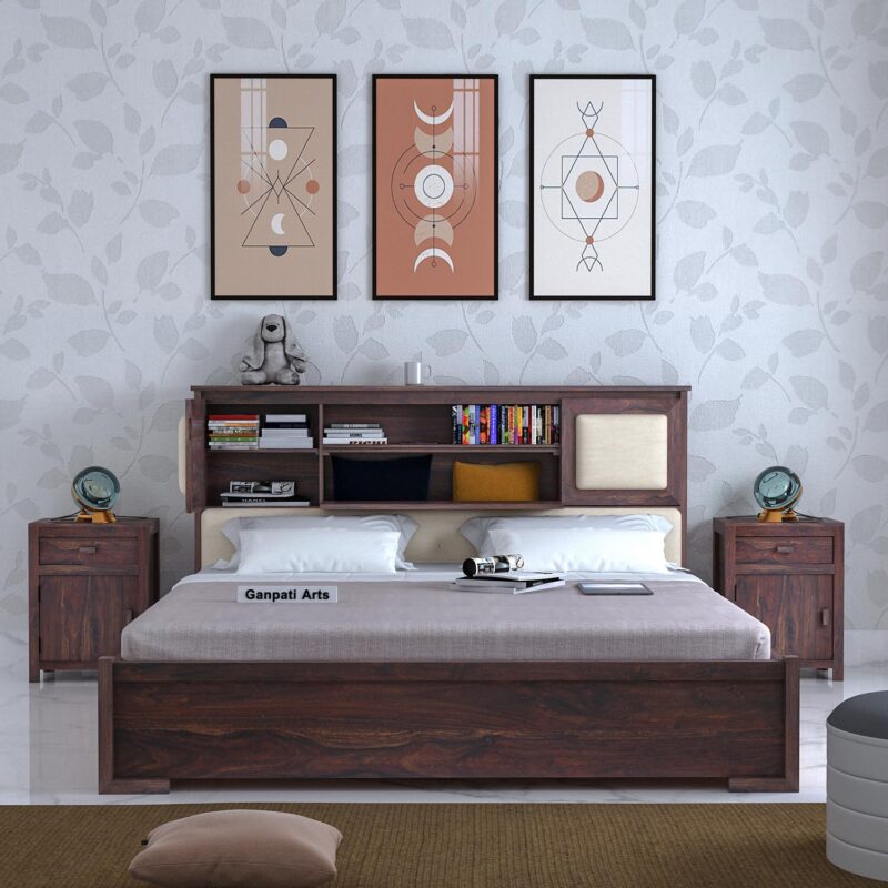 Sheesham Wood Queen Size Bed - Walnut Finish