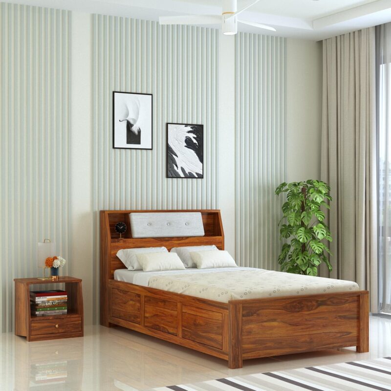 Sheesham Wood Bed - Natural Finish With Cushion Headboard