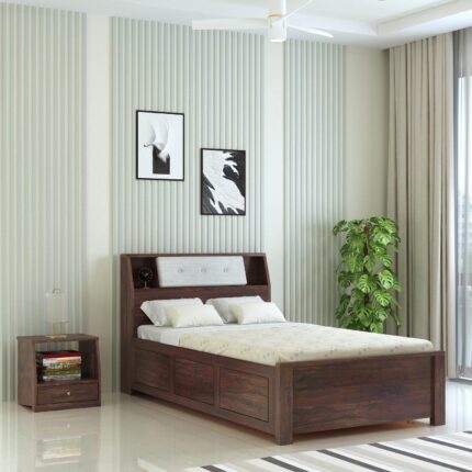 Sheesham Wood Bed - Walnut Finish With Cushion Headboard | Ganpati...