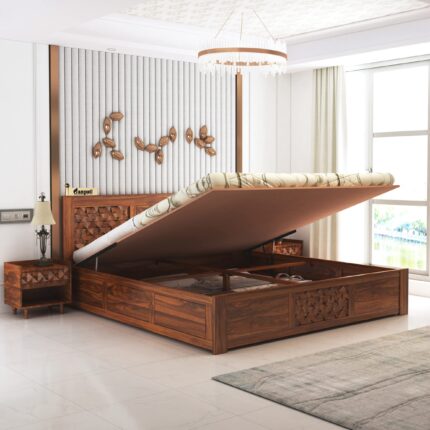 Sheesham Wood Queen Size Bed - Natural Finish (Hydraulic Storage)...