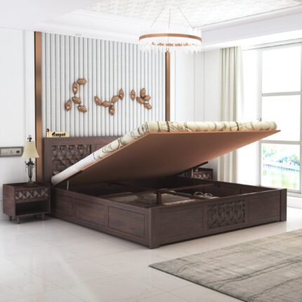 Sheesham Wood King Size Bed - Walnut Finish (Hydraulic Storage)