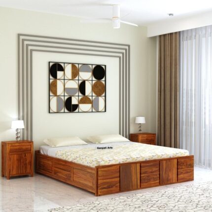 Sheesham Wood Queen Size Bed - Natural Finish-Box