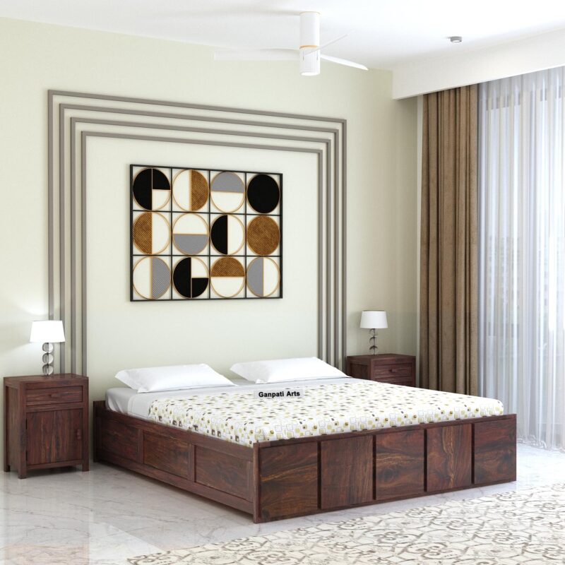 Sheesham Wood Queen Size Bed - Walnut Finish-Box
